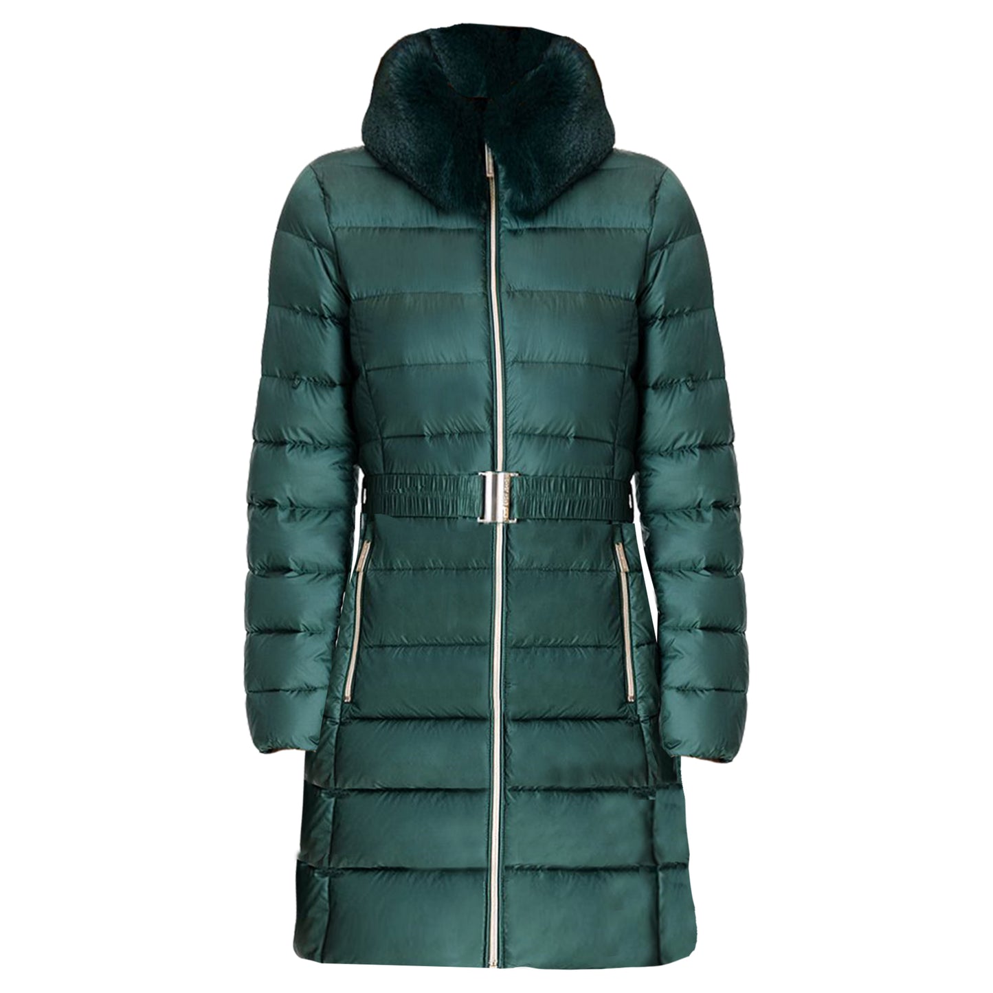 Michael Kors Dark Emerald Green 3/4 Belted Packable Coat with Faux Fur Collar