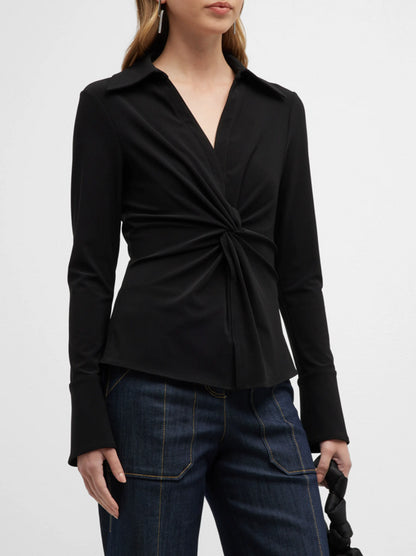 Cinq à Sept Womens Super Stretch McKenna Top Blouse, Black Long Sleeve