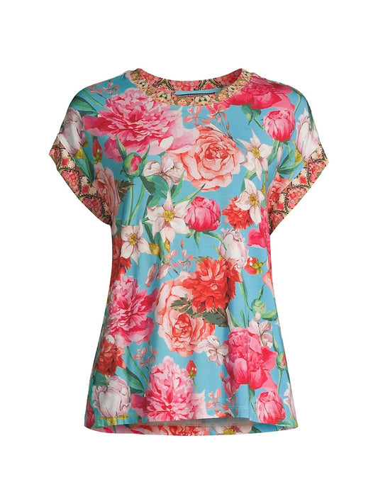 Johnny Was Women's Pink Rose Floral Relaxed Tee Multi Short Sleeve T-shirt