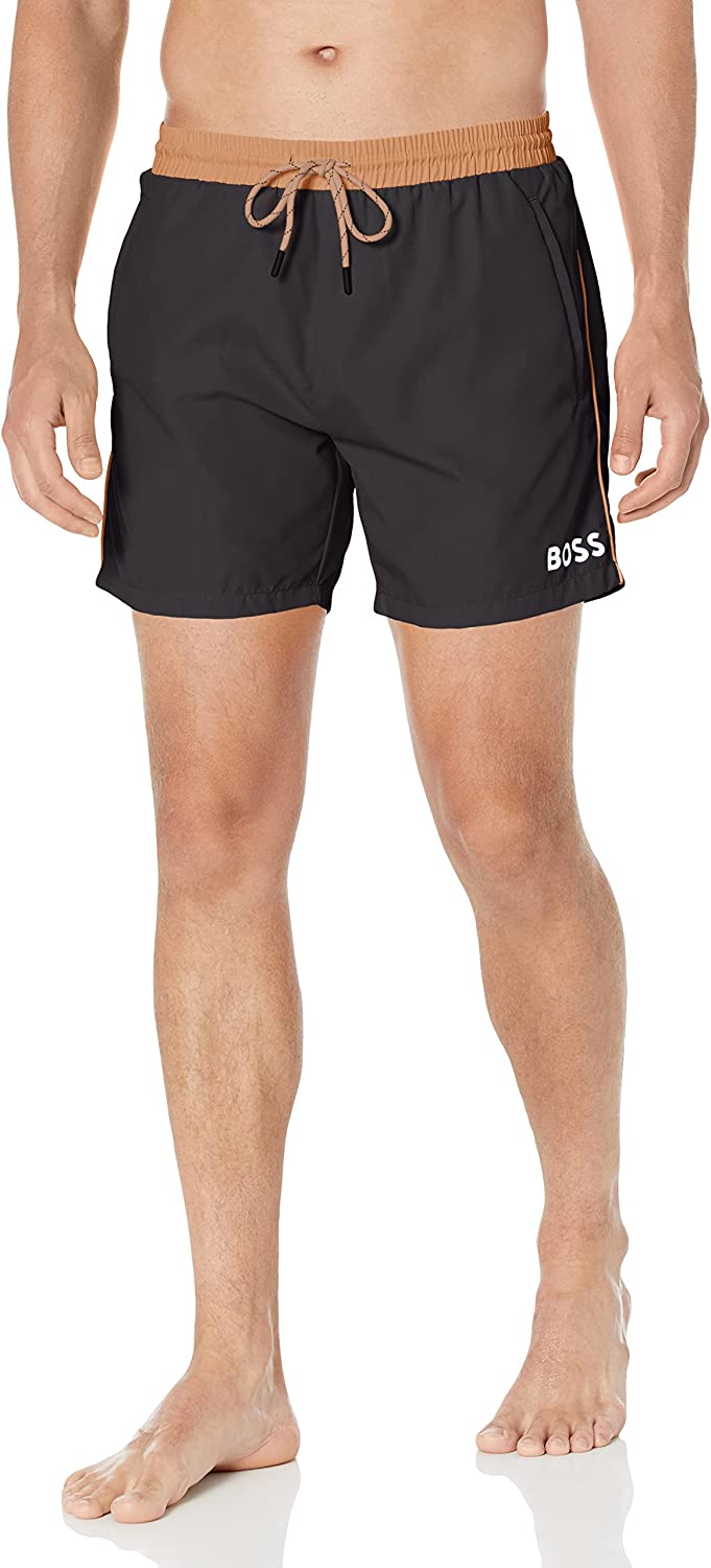 BOSS Men's Standard Medium Length Solid Swim Trunk, Black Fog