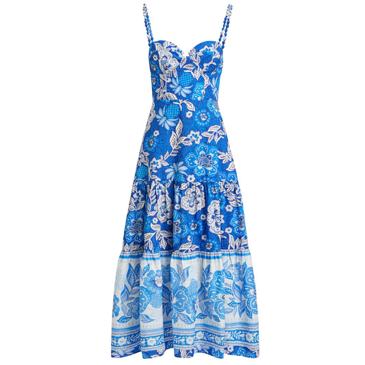 Farm Rio Women Full Of Flowers Rope Strap Sweetheart Neckline Blue Midi Dress