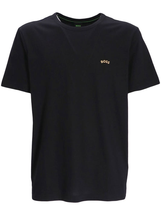 Hugo Boss Men Tee Curved Gold Logo Short Sleeve Crew Neck T-Shirt Black