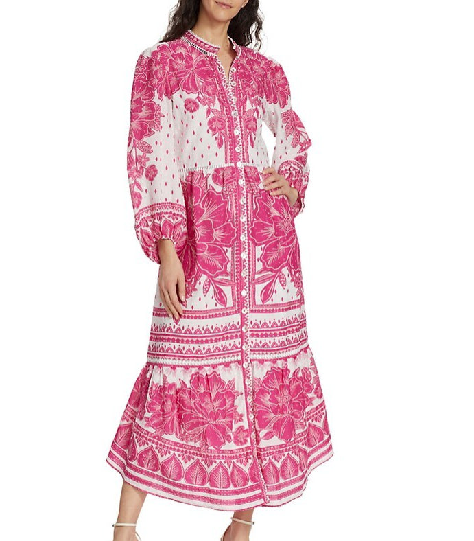 Farm Rio Women Eng Tropical Woodcut Balloon Sleeves Midi Dress Bright Pink