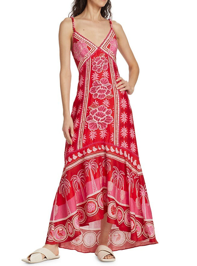 Farm Rio Women Summer Sunrise V-Neck Maxi Dress Red