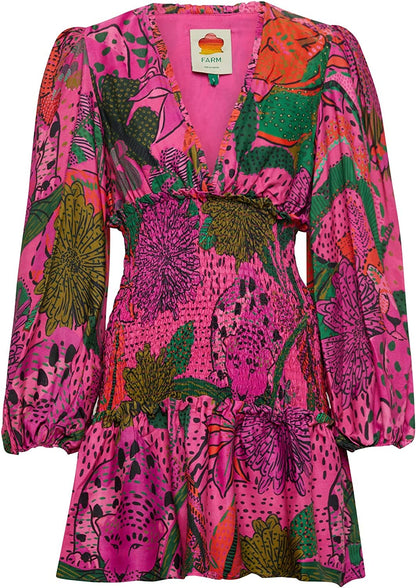 Farm Rio Women Cool Leopards Pink Long Puff Sleeves Mini Dress