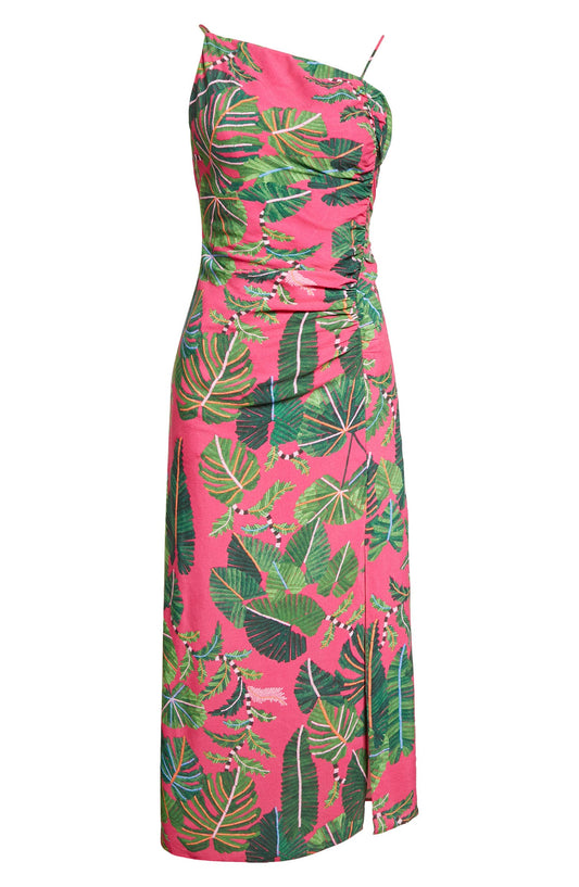 Farm Rio Women Leaves Print Asymmetric Neckline Pink Midi Dress