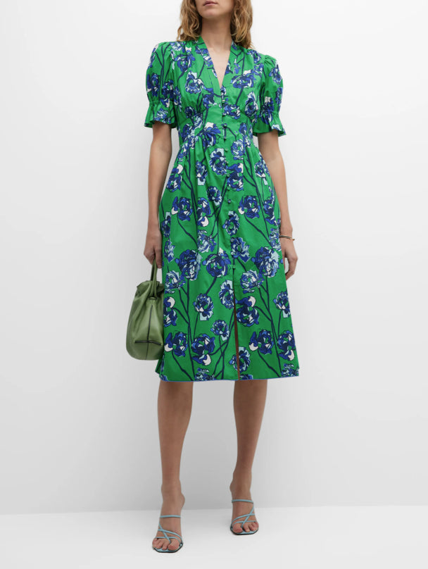 Diane Von Furstenberg Dvf Women Erica Dress Watercolor Floral Lg Indian Green