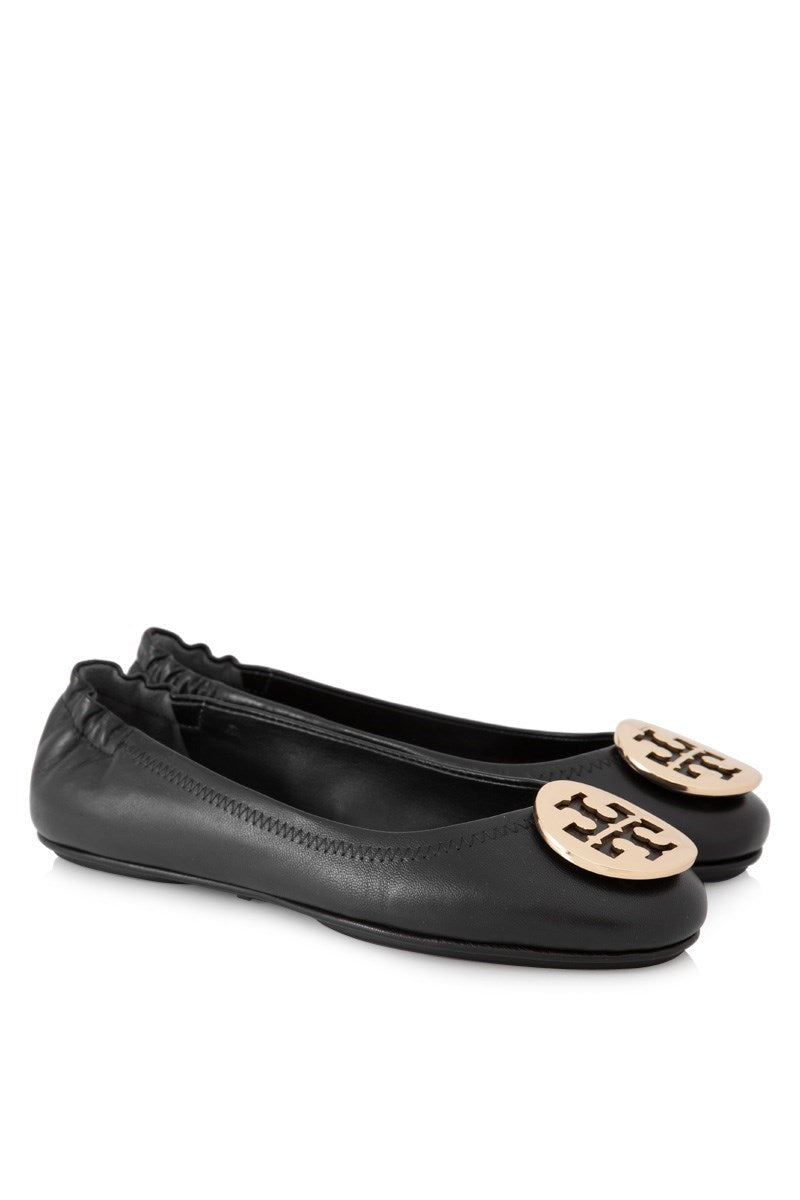 Tory Burch Women's Minnie Travel Gold Logo Ballet Leather Shoes Black