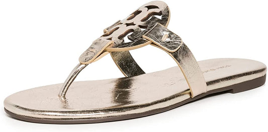 Tory Burch Women Miller Soft Sandals Spark Gold Leather Flats Shoes