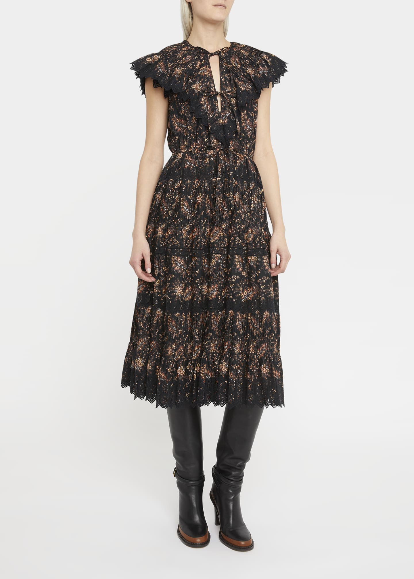 Ulla Johnson Women Jacqueline Minuit Lace Trim Tiered Skirt Black Midi Dress
