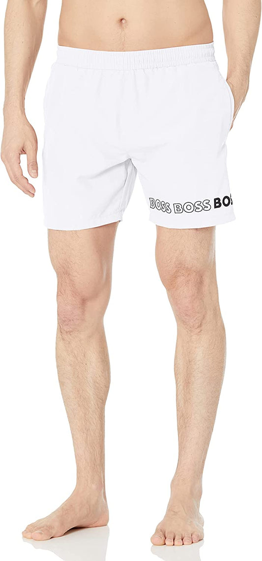 HUGO BOSS Men Vertical Logo Swim Shorts Trunks Cloud White