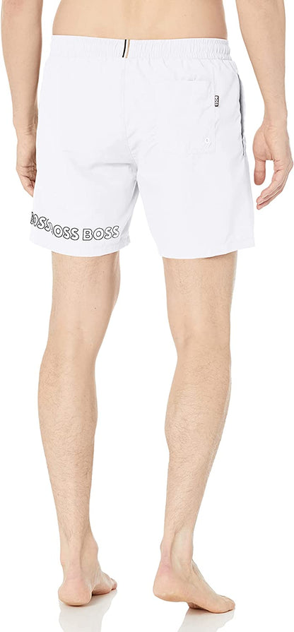 HUGO BOSS Men Vertical Logo Swim Shorts Trunks Cloud White