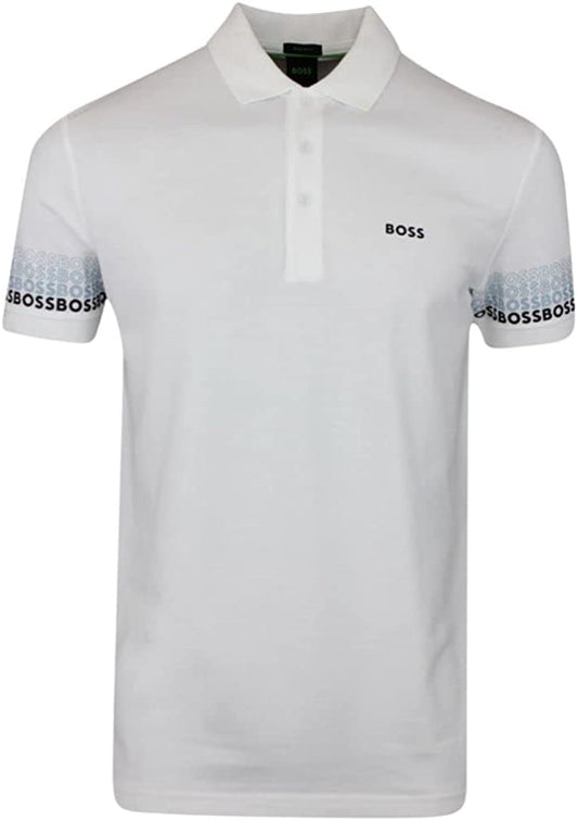 Hugo Boss Men Paddy 2 Stretch Cotton Logo Arm Short Sleeve White Polo T-Shirt