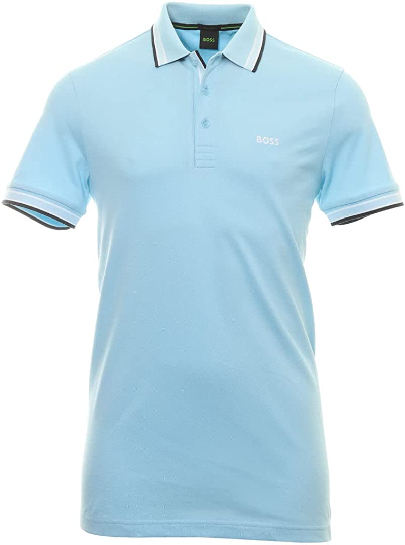 BOSS Men Paddy Curved Logo Regular Fit Pique Cotton Polo Shirt Clear Skies Blue