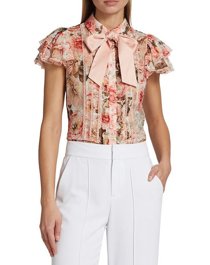 Alice + Olivia Women's Minda Ruffled Tie-Neck Blouse Floral Eyelet