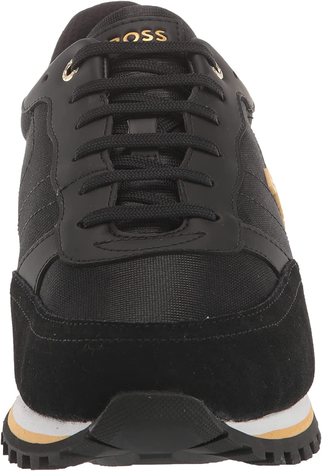 BOSS Men's Running Style Mix Material Sneakers with Raised Logo, Black Jade/Gold