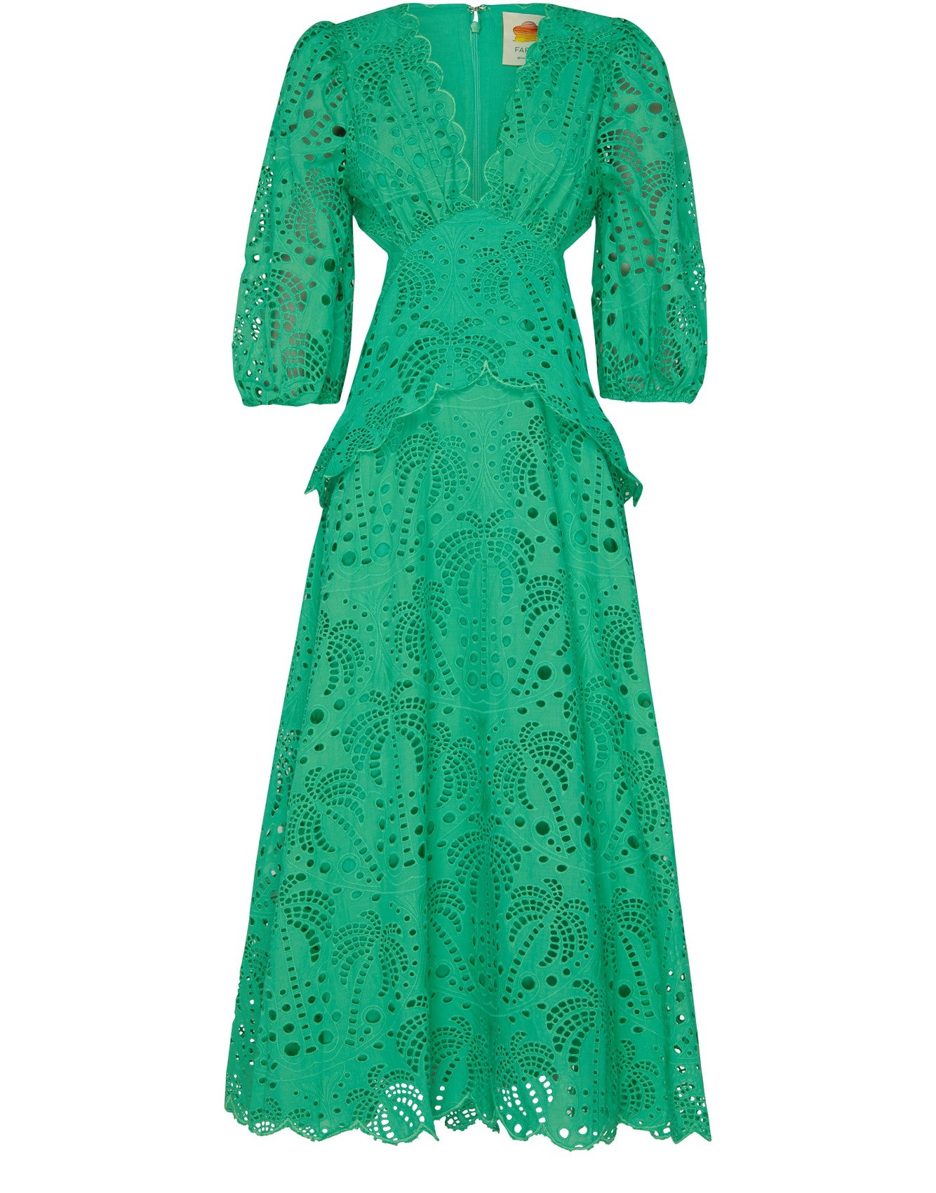 Farm Rio Women's Eyelet Richilieur V-Neck Midi-Dress Bright Green, L