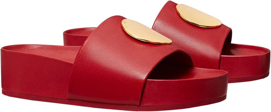 Tory Burch Women's Leather Patos Wedge Slides, Tory Red/Gold, 10