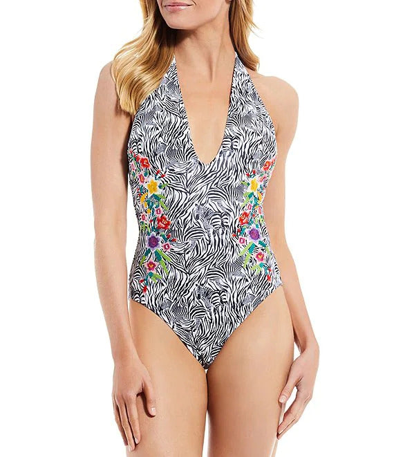 Johnny Was Women's Spring Halter Embroidered One-Piece Zebra Print