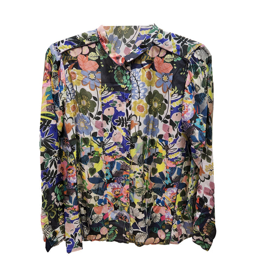 Johnny Was Womens Blouse Chelsea Printed Silk Astra Button Down Long Sleeve Top