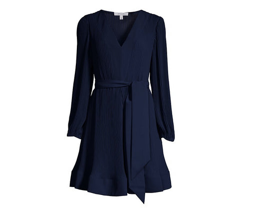 MILLY Women's Liv Navy Blue Pleated Wrap Mini Dress