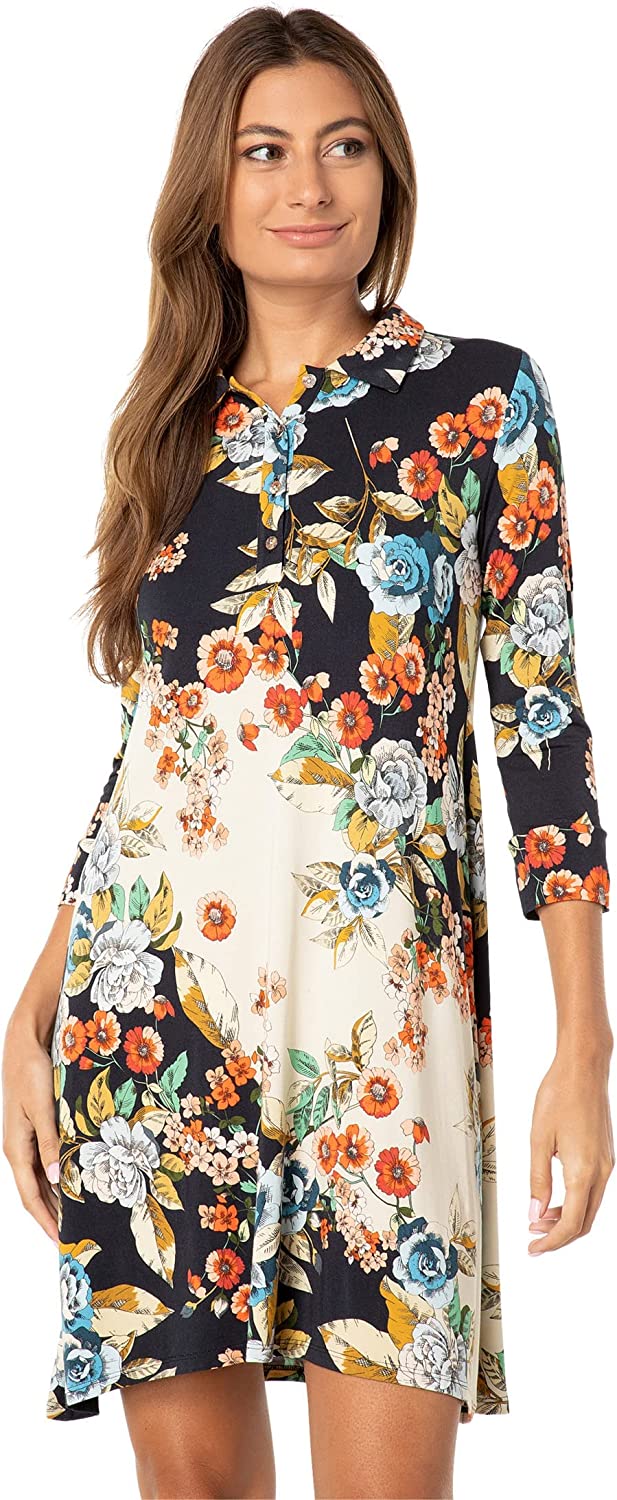 Johnny Was Emma Rose Women Casual Floral Print Swing Cotton Polo Mini Dress