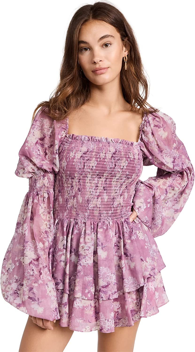 CAROLINE CONSTAS Women Alexa Lavender Purple Floral Smocked Ruffled Mini Dress