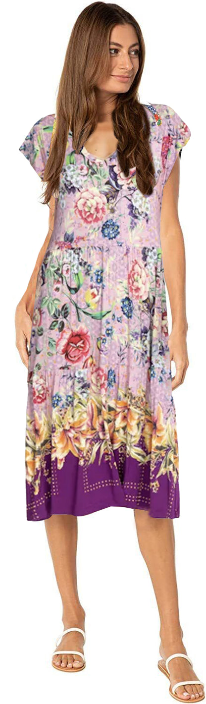 Johnny Was Women Bamboo Knit Topiary Tiered Tea Length Floral Midi Dress