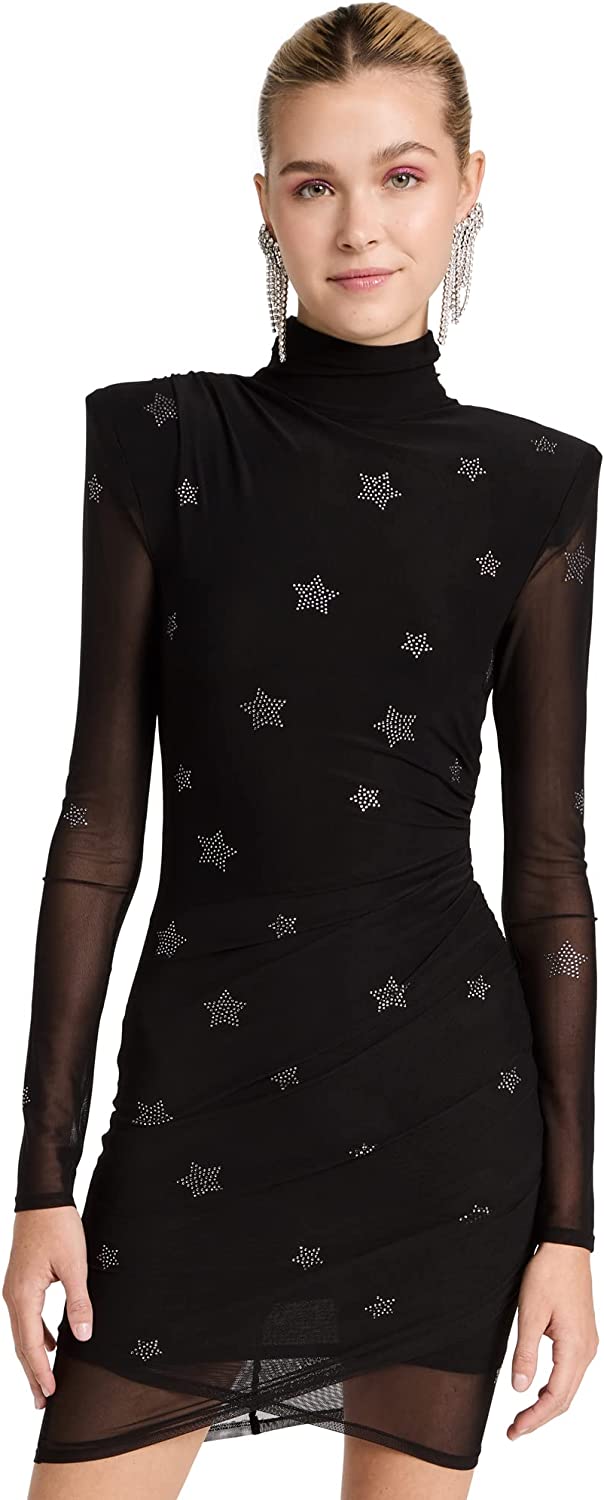 Cinq à Sept Women Marlene Rhinestone Star Black Mesh Strech Nylon Mini Dress