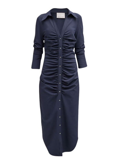 Cinq A Sept Women Elina Button Down Ruched Midi Shirt Dress Navy