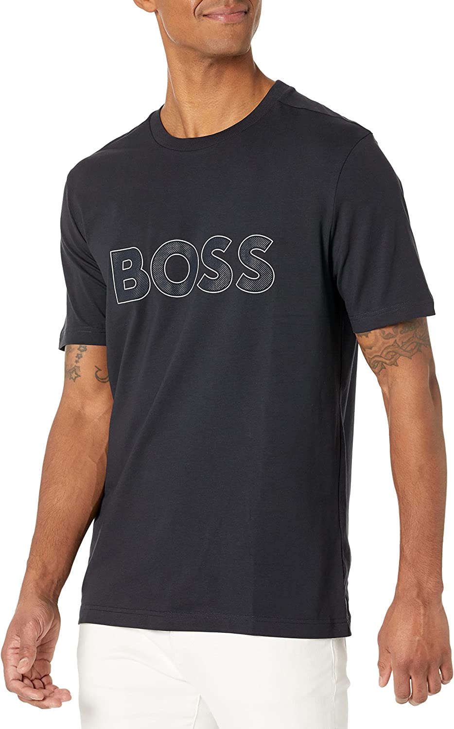 Hugo Boss Men Stark Outline Logo Jersey Short Sleeve Tee Cotton T-Shirt Navy