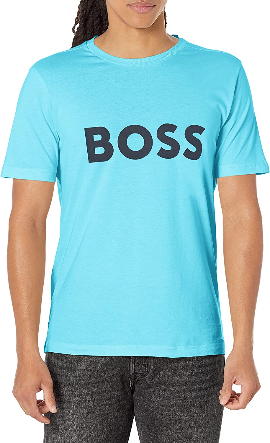 HUGO BOSS Men Cerulean Big Logo Jersey Cotton T Shirt