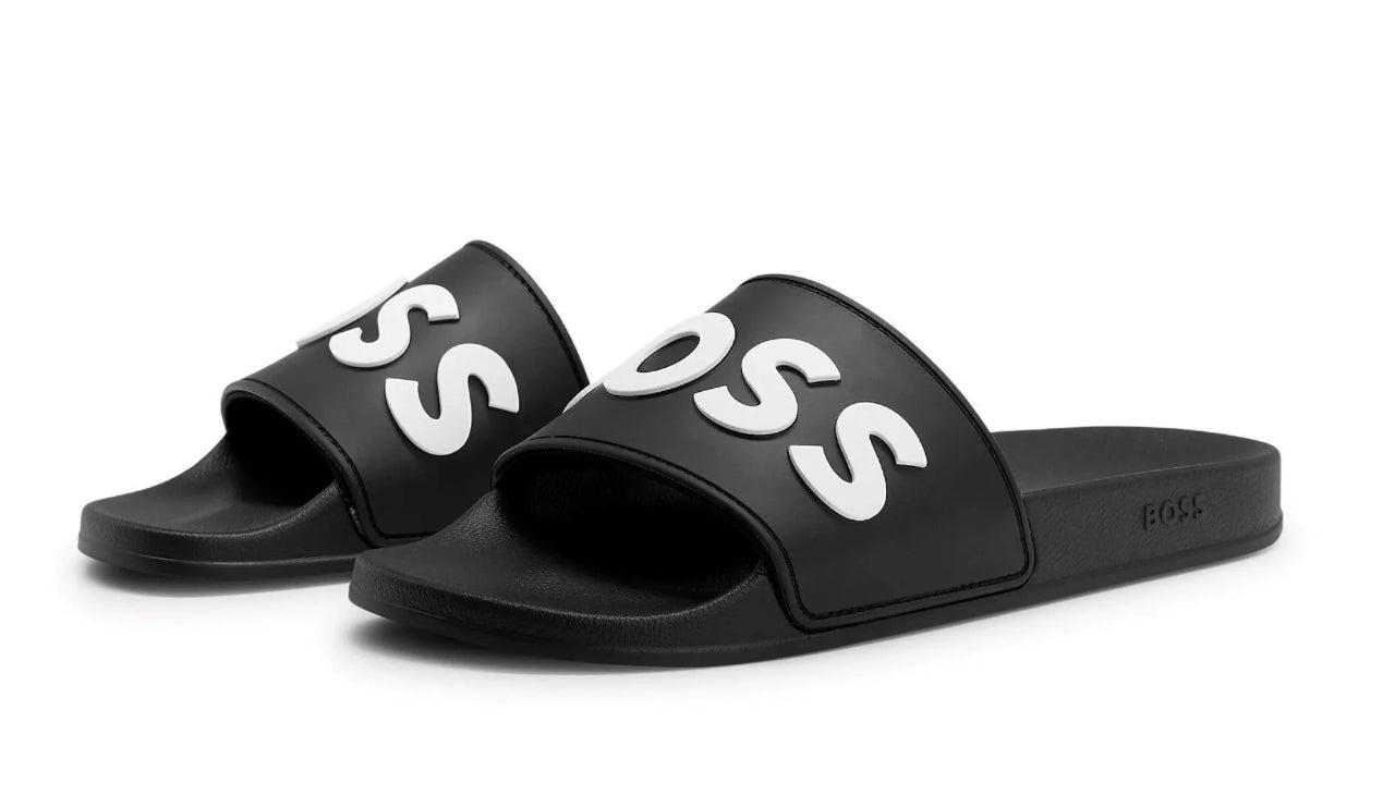 HUGO BOSS Men's Kirk Black Big Logo Slide Sandals