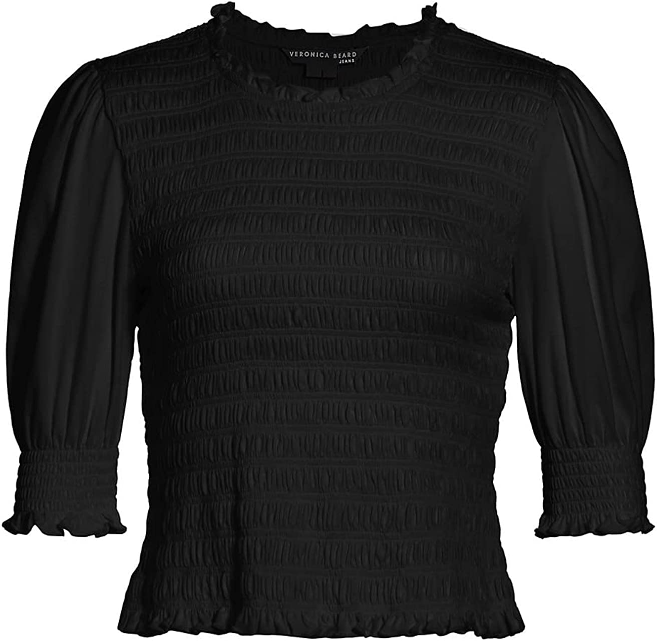 Veronica Beard Women Black Cotton Smocked Puff Sleeve Blouse Top