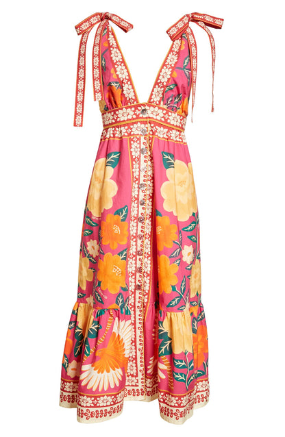 Farm Rio Women Tie Shoulder Strap V- Neck Midi Dress Flower Tapestry Pink