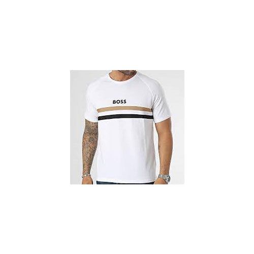 Hugo Boss Men Iconic Stripe White Short Sleeve Crew Neck Cotton T-Shirt