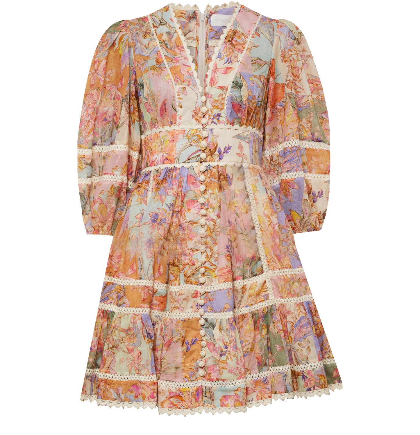 Zimmermann Cira Lantern Mini Dress Patch Multi Floral