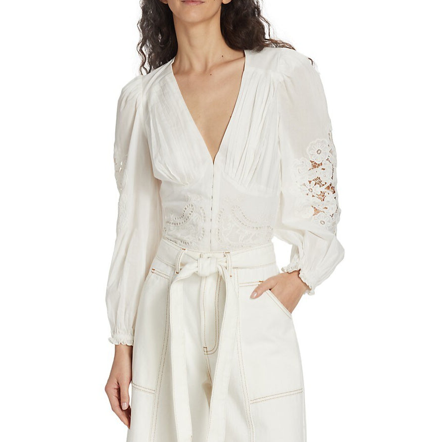 Farm Rio Women Long Sleeve V-Neck Cotton Lace Top Blouse Off-White