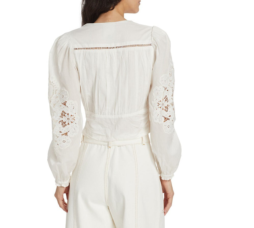Farm Rio Women Long Sleeve V-Neck Cotton Lace Top Blouse Off-White