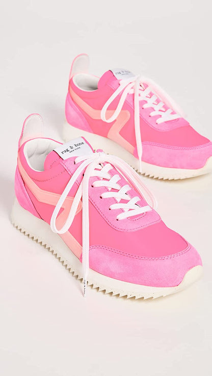 Rag & Bone Women Retro Runners Lace Up Leather Suede Rubber Shoes Neon Pink