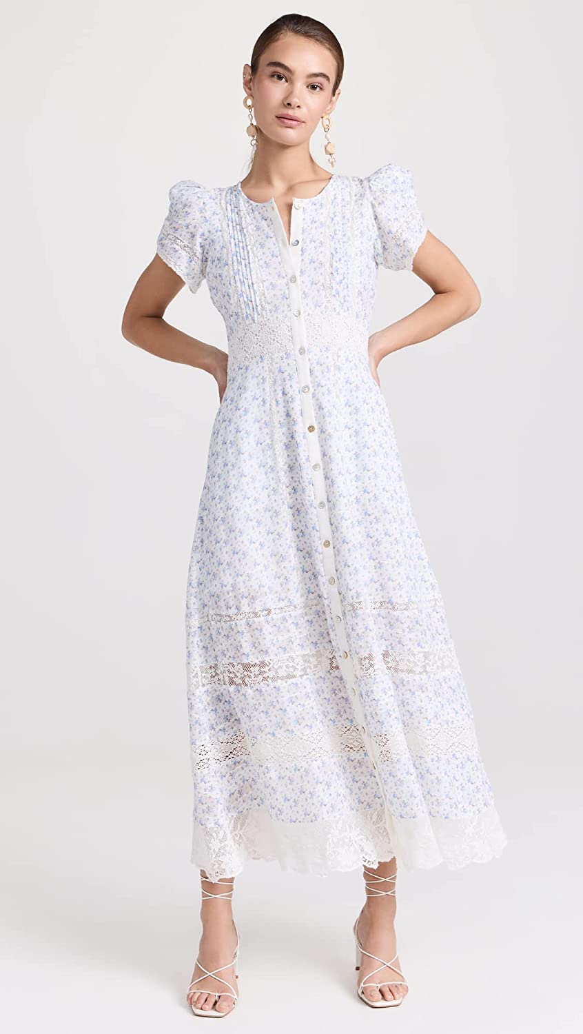 LOVESHACKFANCY Women Tamsin Floral Cotton Lace Maxi Dress Calm Waters Blue/White