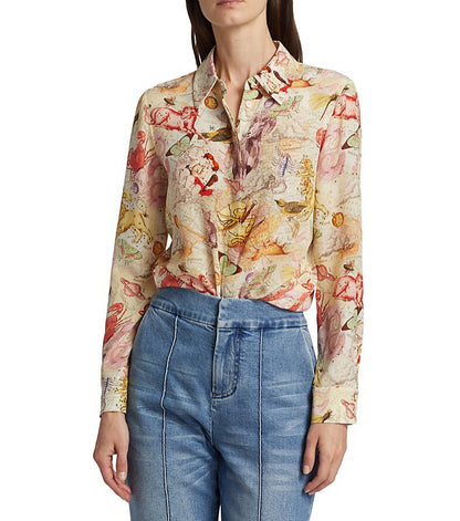 Alice + Olivia Women Willa Placket Top Silk Shirt Blouse Zodiac Love