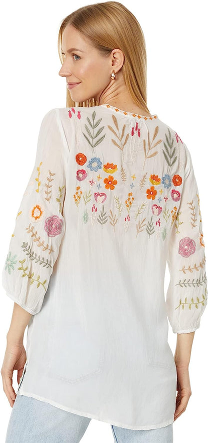 Johnny Was Women New Mikah Tunic White Long Sleeve Embroidered Blouse