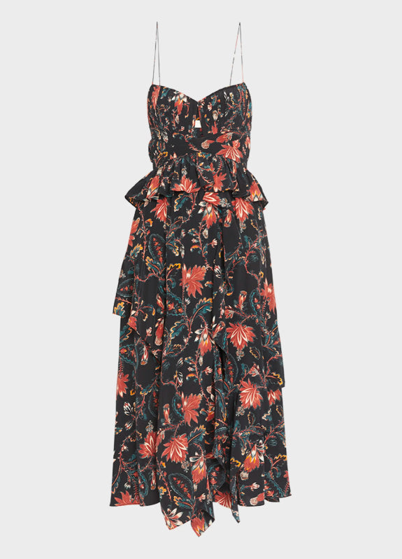 Ulla Johnson Women's Renata Dress, Obsidian, Floral, Black Ruffled Midi