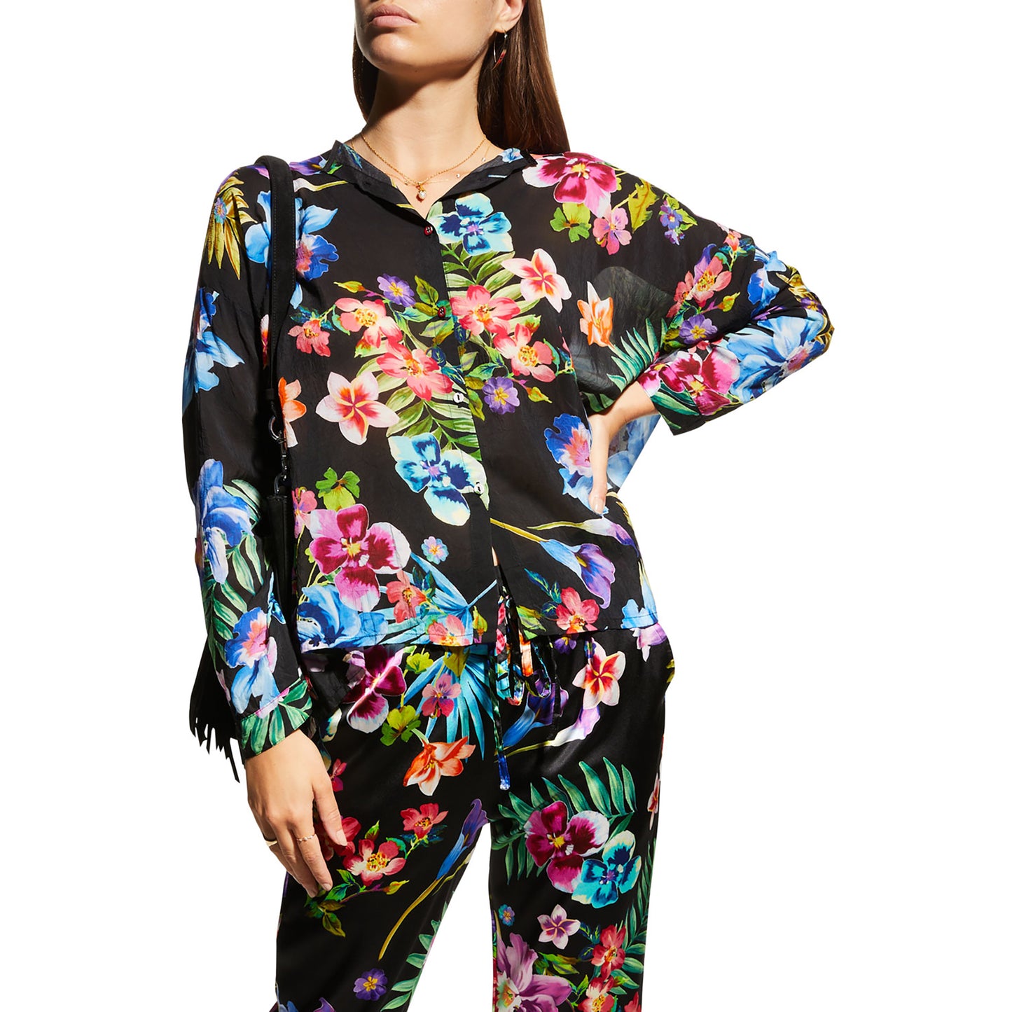 Johnny Was Women's Maeve Black Multi Color Floral Print Long Sleeve Button Blous