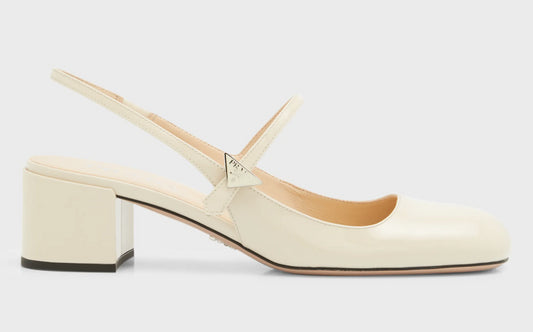 Prada Women Mary Jane Avorio Ivory Patent Leather Slingback Block Heel Pump s