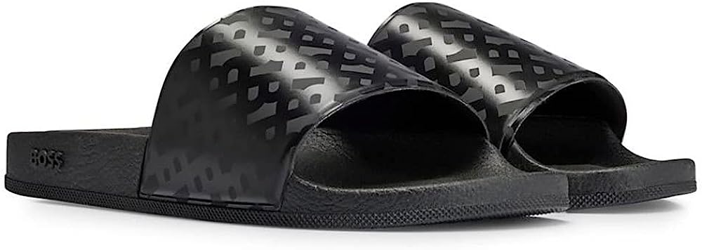 Hugo Boss Men Bay It Tonal Monogram Rubber Pool Slides Black