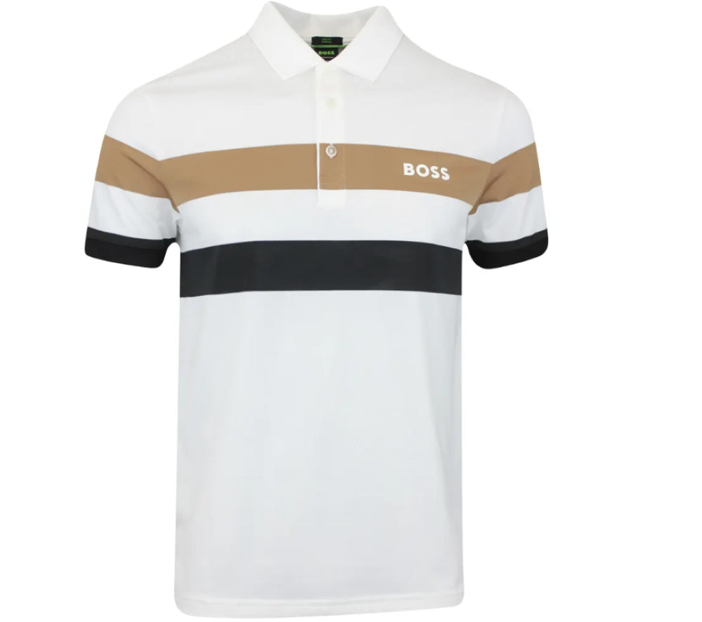 Hugo Boss Men's Patteo MB 9 Striped Stretch Cotton White Short Sleeve Polo T-Shirt