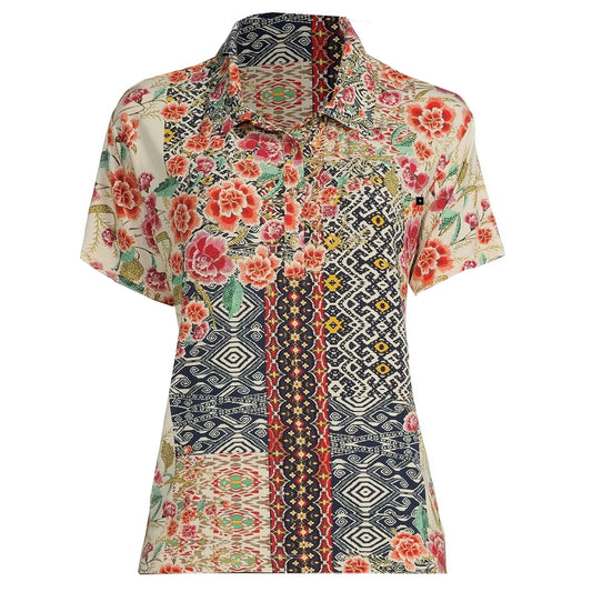 Johnny Was Women Aztec Flower Short Sleeve Swing Polo Tee