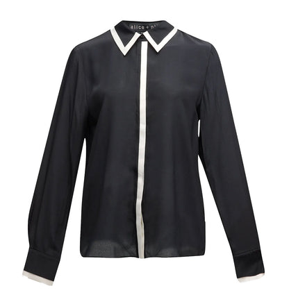 alice + olivia Willa Placket Silk Blouse with White Piping, Black